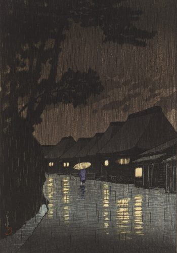 Rain at Maekawa, Sochu Kawese Hasui 1932